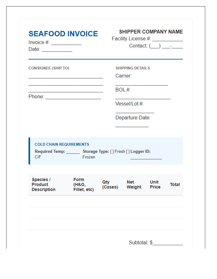 Seafood Cold Chain Shipping Invoice Template