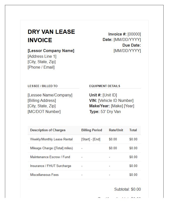 Dry Van Lease Billing Invoice Template