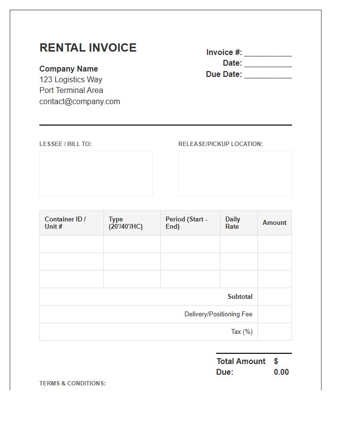 Intermodal Container Rental Invoice Template