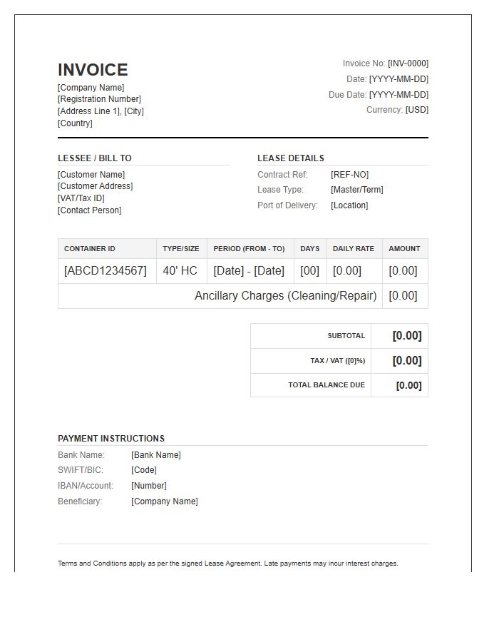 International Container Leasing Invoice Template