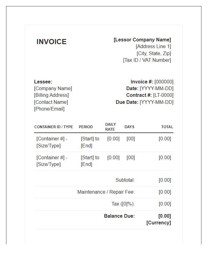Long Term Container Lease Invoice Template