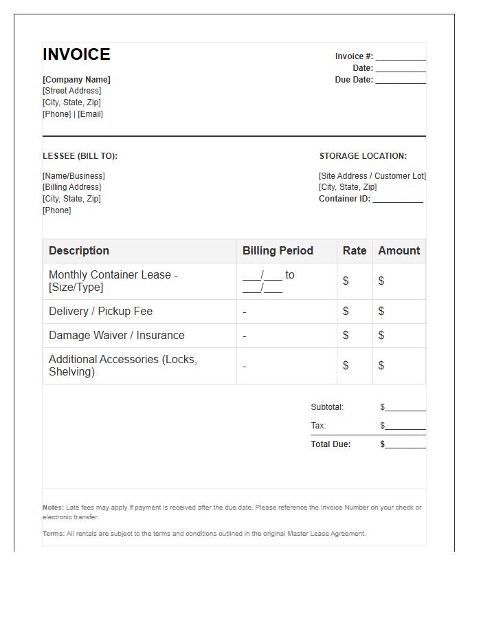 Mobile Storage Container Lease Invoice Template