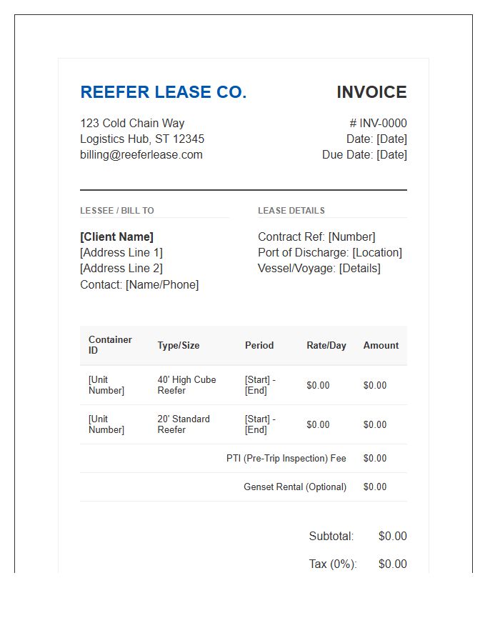 Reefer Container Leasing Invoice Template