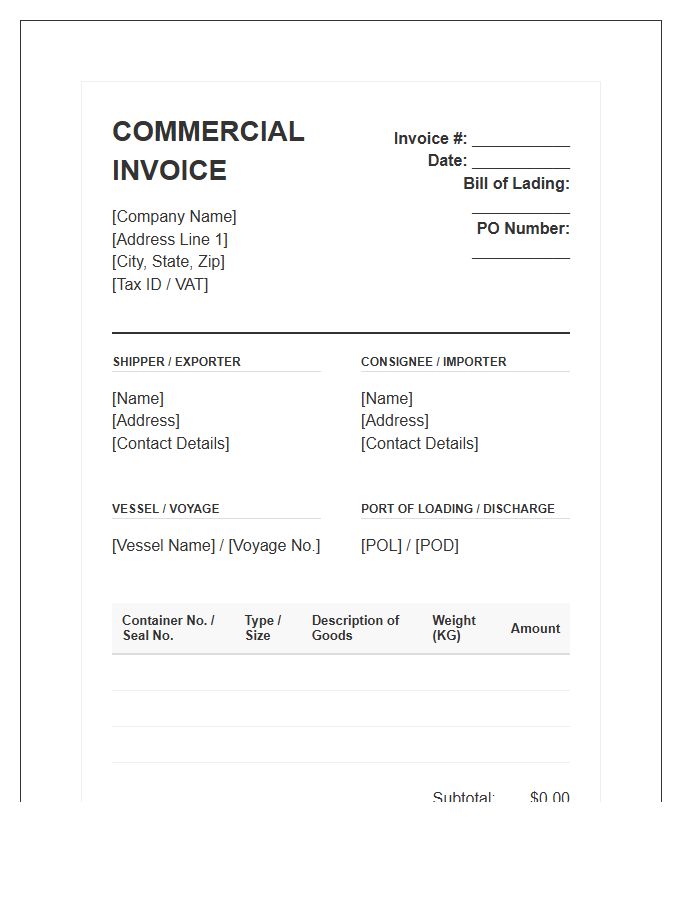 Standard ISO Container Invoice Template