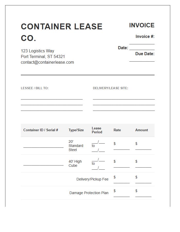 Steel Shipping Container Lease Invoice Template