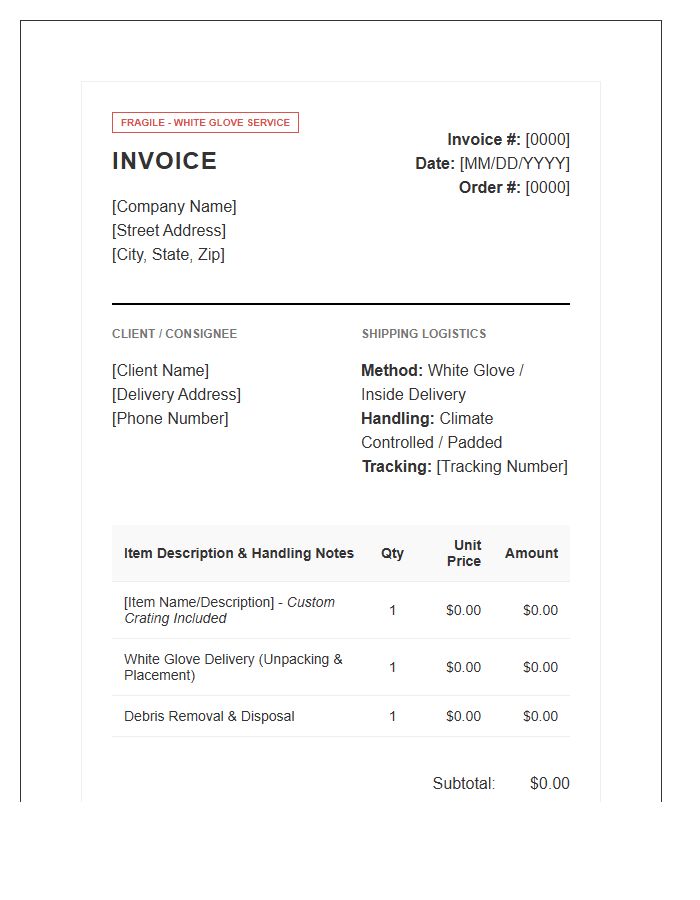Fragile Goods White Glove Invoice Template