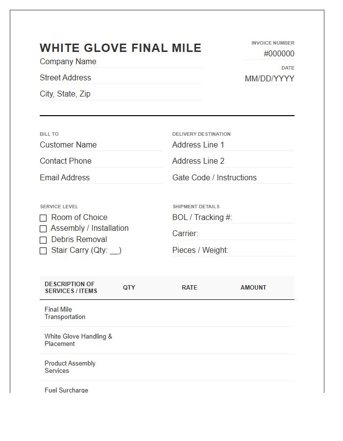 White Glove Final Mile Invoice Template