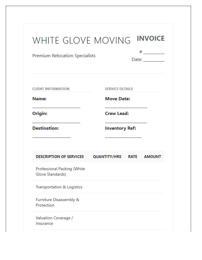 White Glove Moving Service Invoice Template