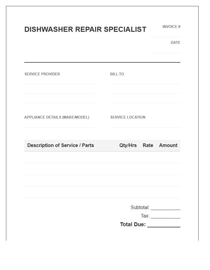 Dishwasher Repair Specialist Invoice Template