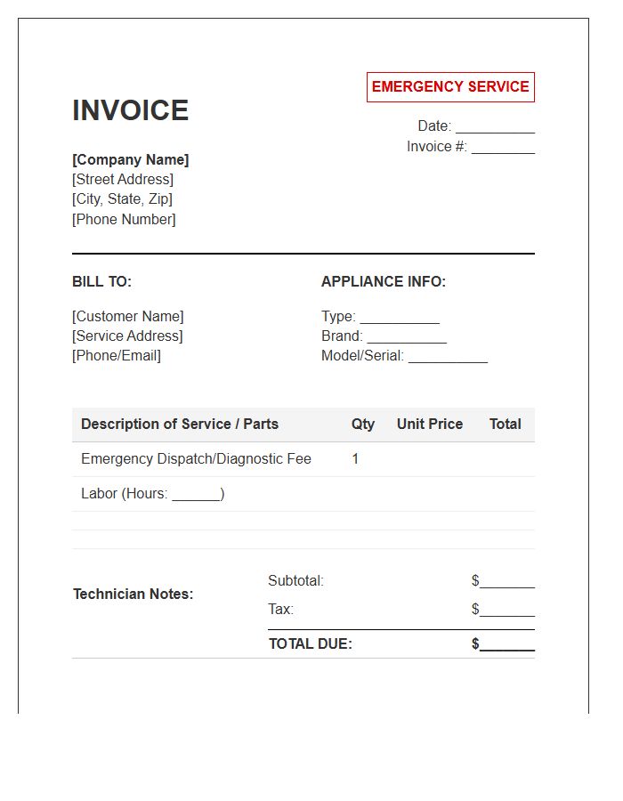 Emergency Appliance Repair Invoice Template