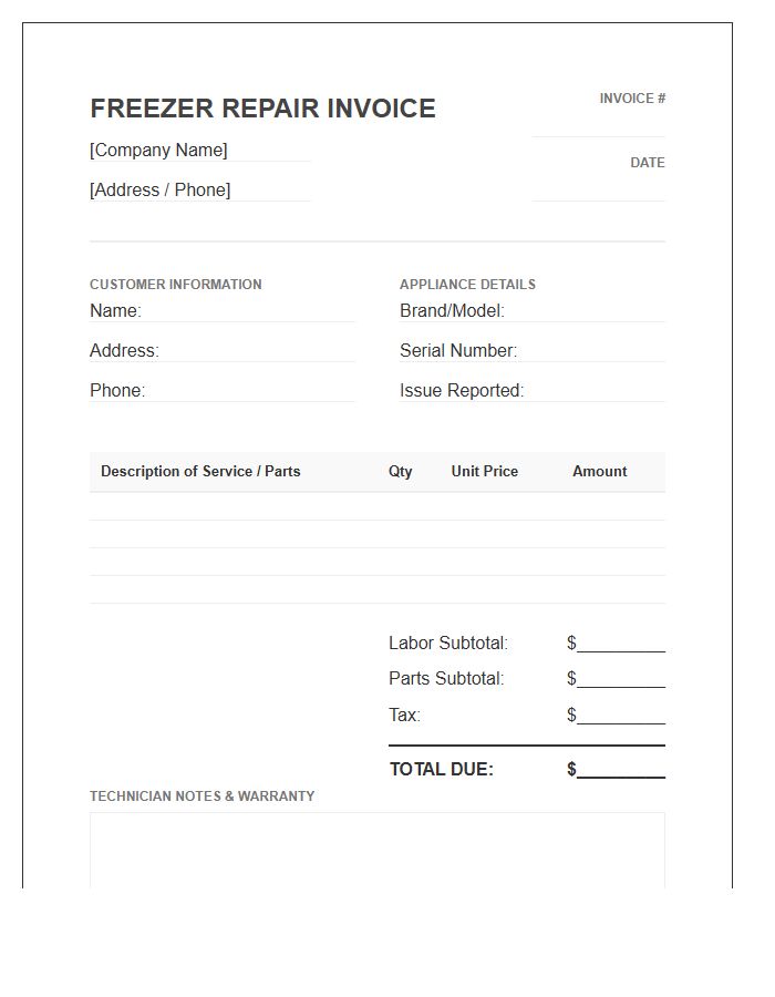 Freezer Repair Service Invoice Template