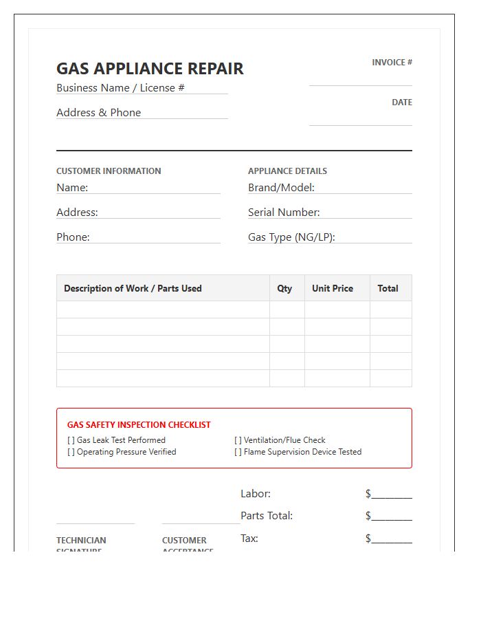 Gas Appliance Repair Invoice Template
