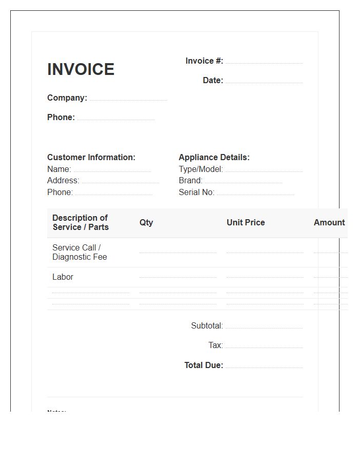 Home Appliance Maintenance Invoice Template