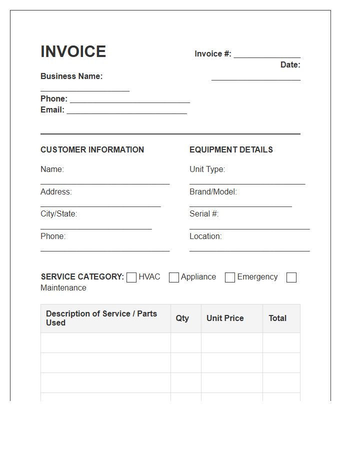 HVAC And Appliance Repair Invoice Template