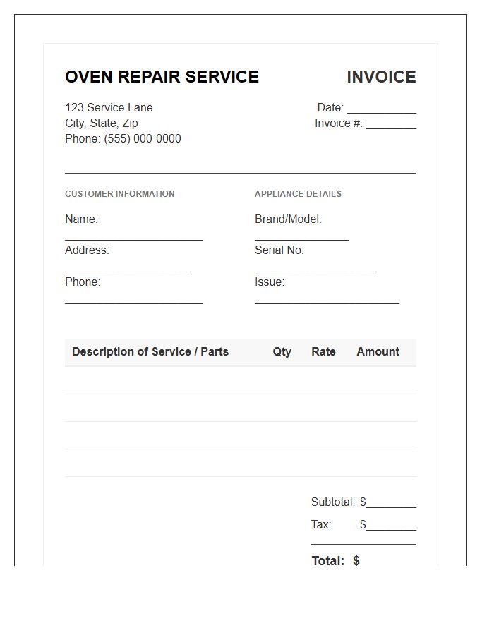 Oven Repair Service Invoice Template