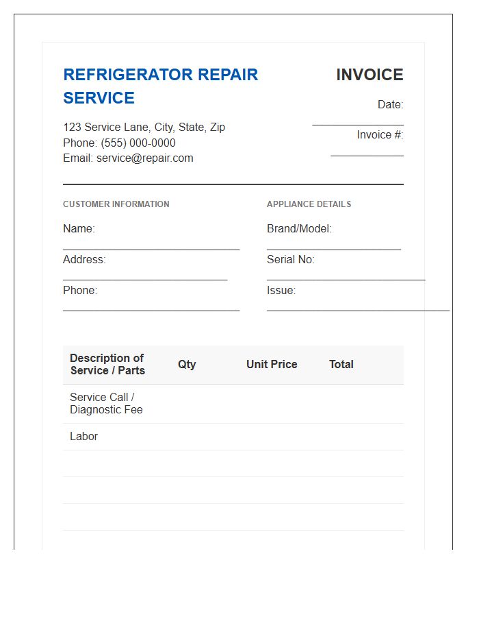 Refrigerator Repair Service Invoice Template