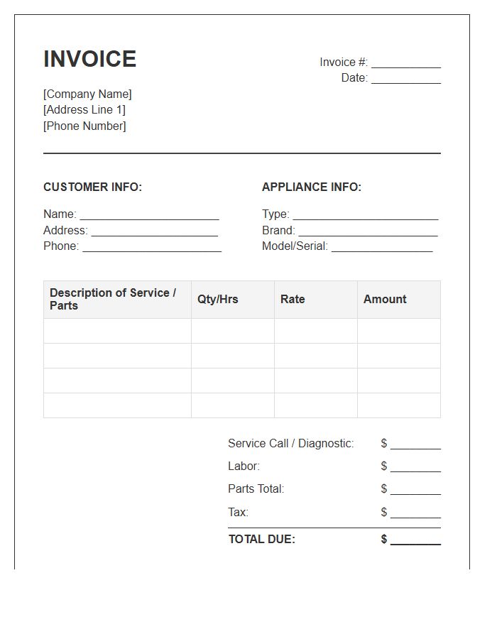Residential Appliance Repair Invoice Template