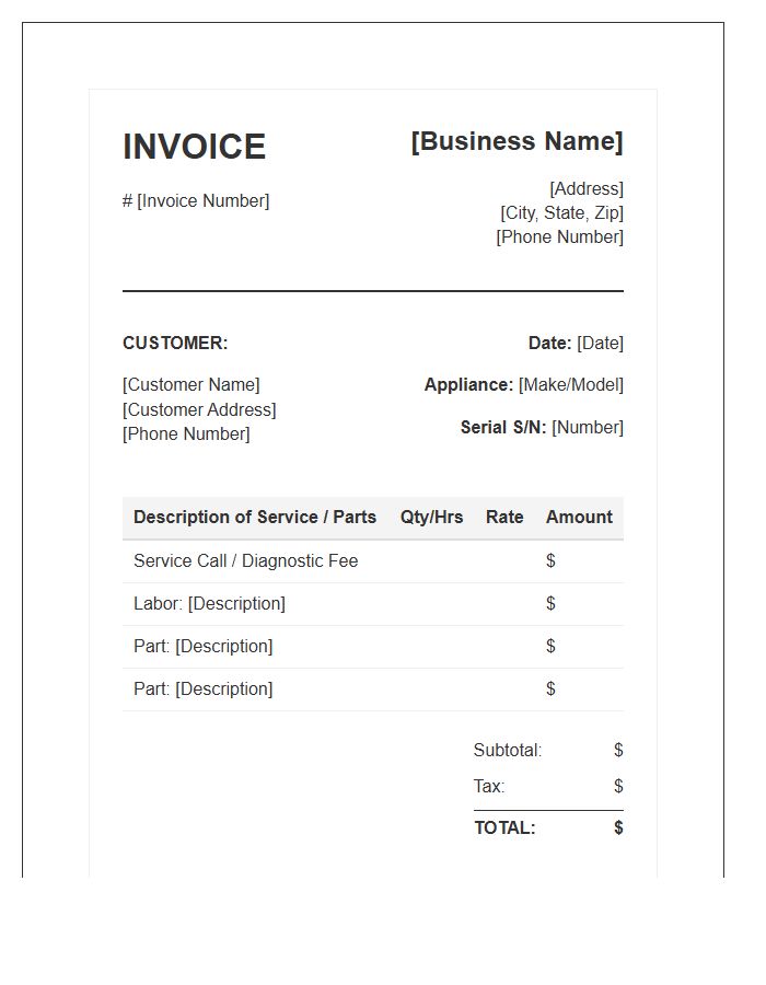 Small Appliance Repair Invoice Template