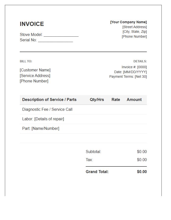 Stove Repair Professional Invoice Template