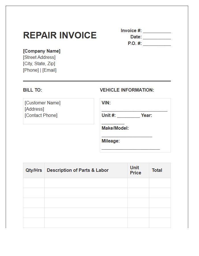 Commercial Vehicle Repair Invoice Template