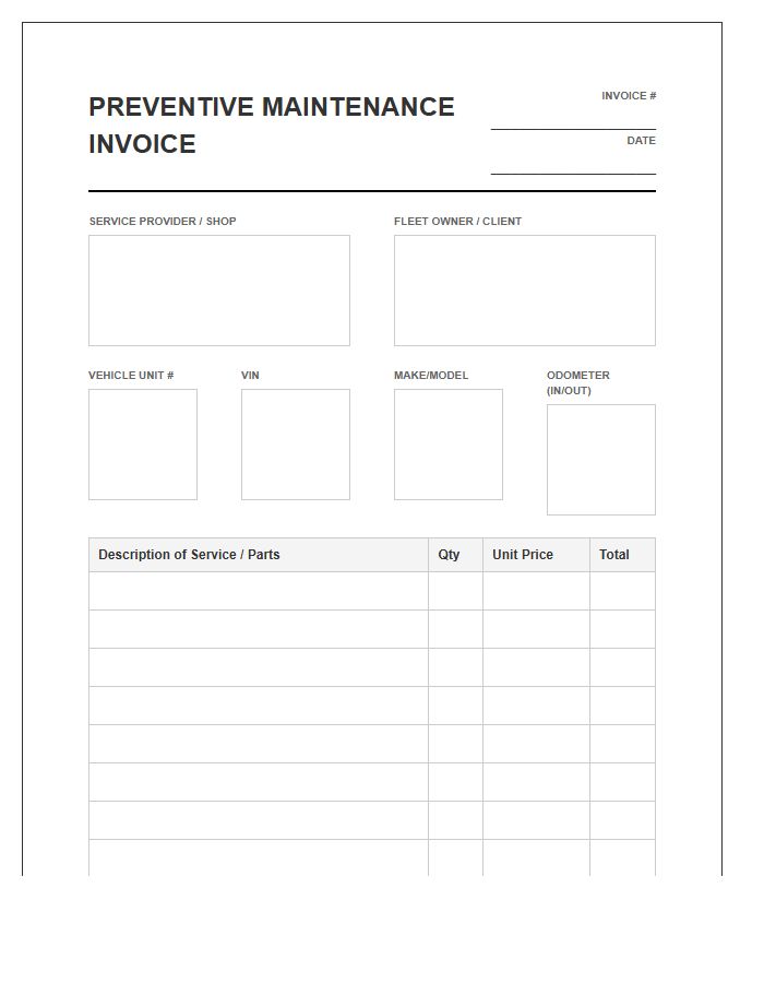 Fleet Preventive Maintenance Invoice Template