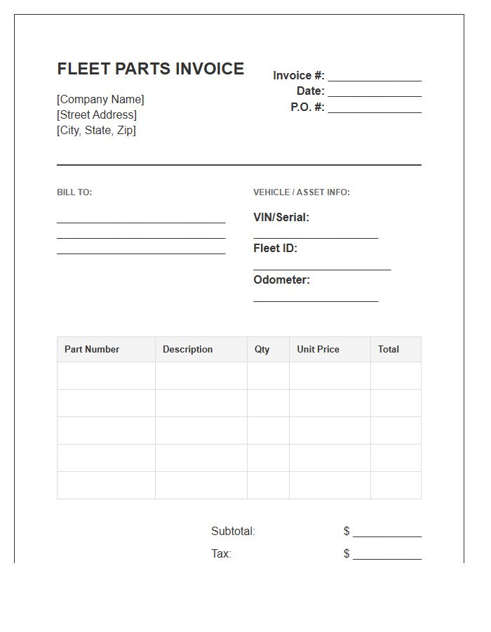 Fleet Spare Parts Invoice Template