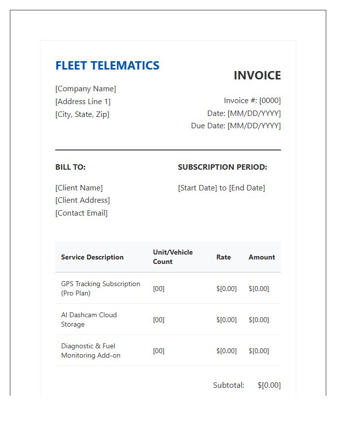 Fleet Telematics Subscription Invoice Template