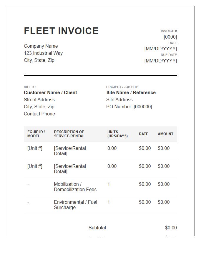 Heavy Equipment Fleet Invoice Template