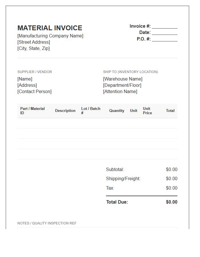 Manufacturing Material Inventory Invoice Template