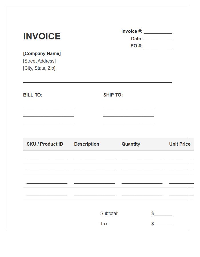 Product SKU Inventory Invoice Template