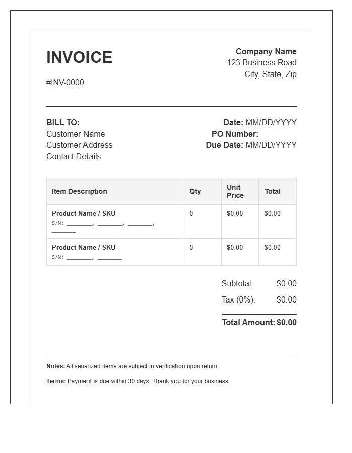 Serialization Inventory Invoice Template