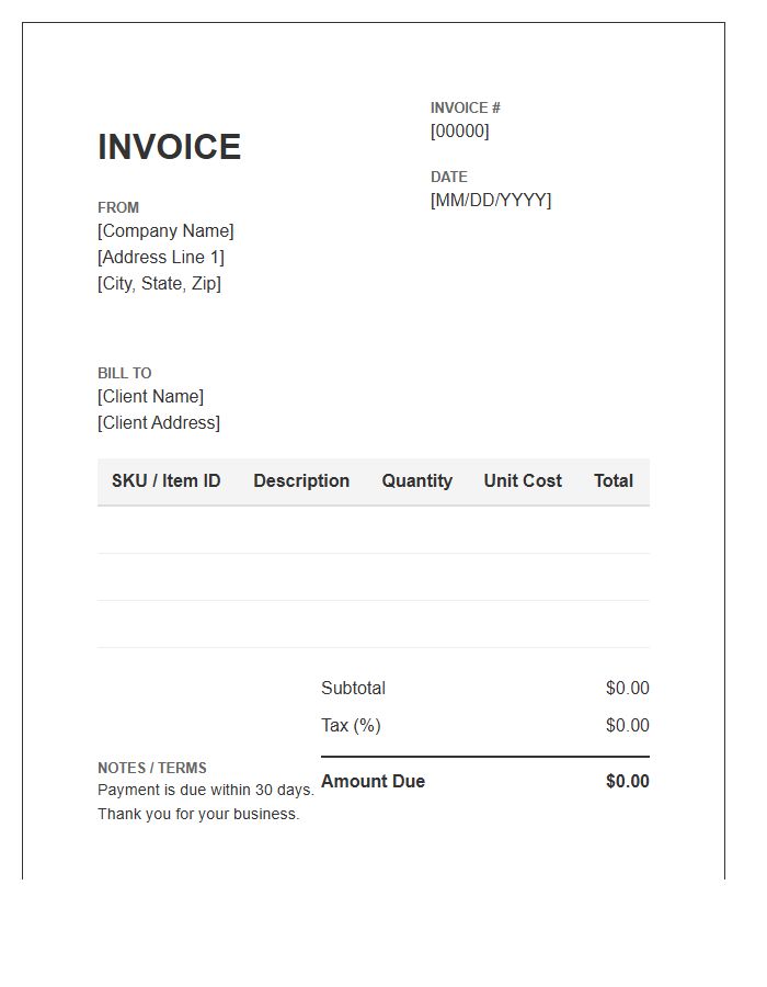 Unit Cost Inventory Invoice Template