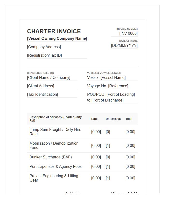 Heavy Lift Vessel Charter Invoice Template