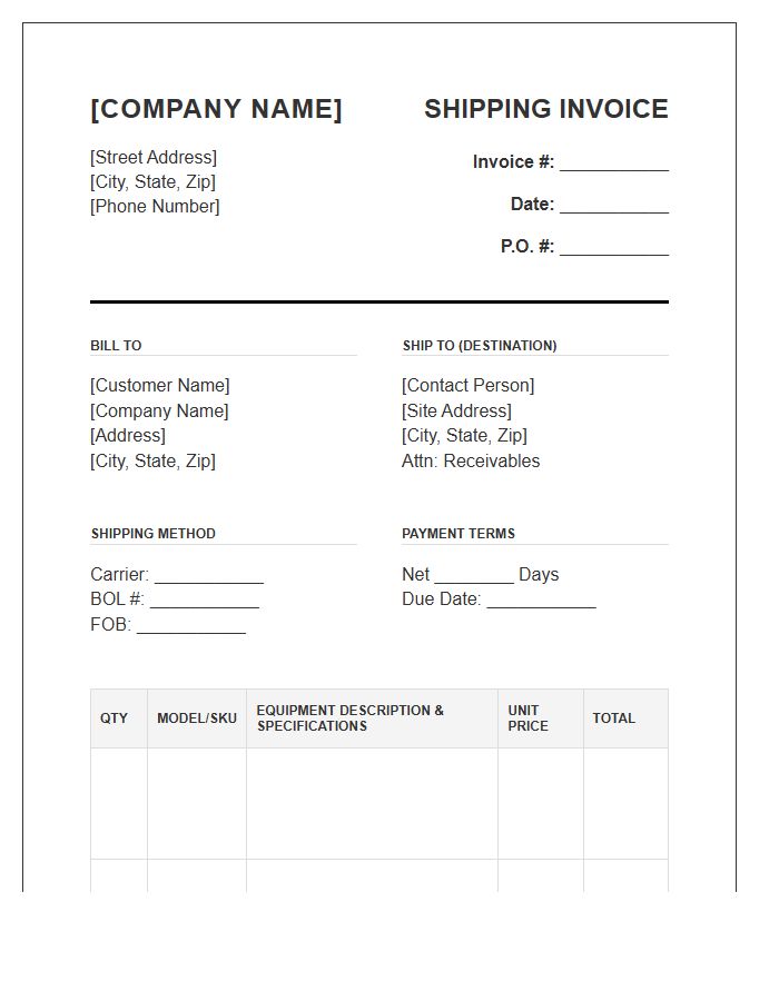 Industrial Equipment Shipping Invoice Template