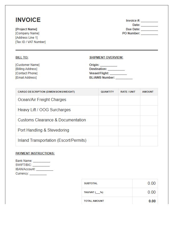 Integrated Project Cargo Invoice Template
