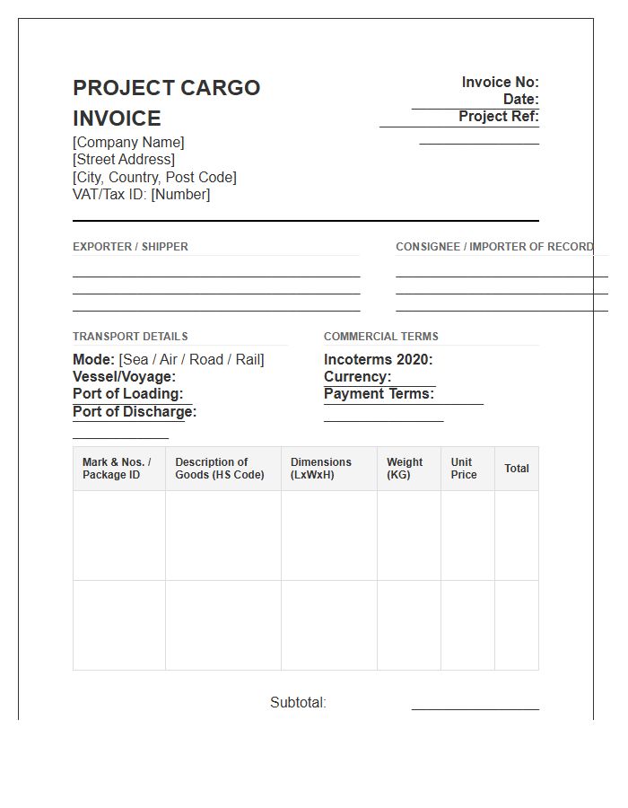 International Project Cargo Invoice Template