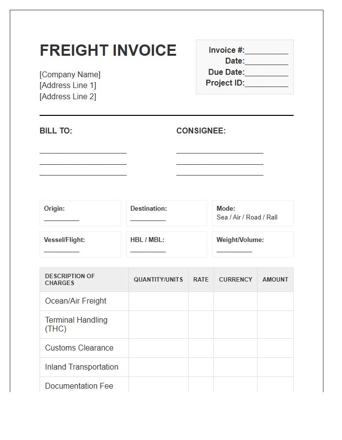 Multimodal Project Freight Invoice Template