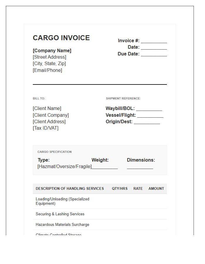 Specialized Cargo Handling Invoice Template