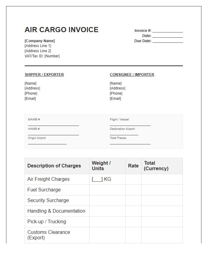 Air Cargo Export Billing Invoice Template
