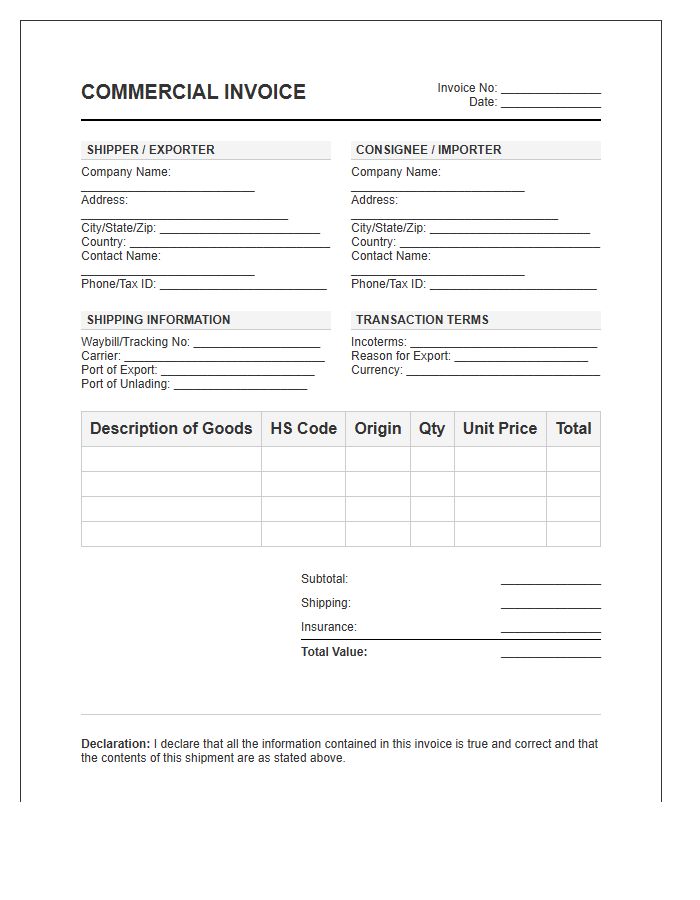 Commercial Invoice Template For International Shipping