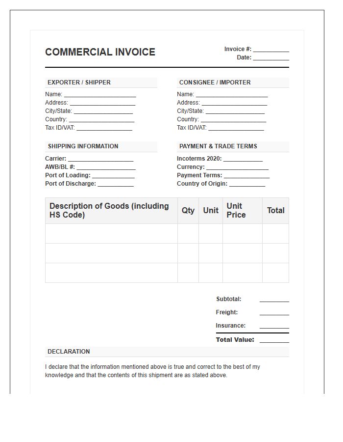 Cross Border Trade Commercial Invoice Template
