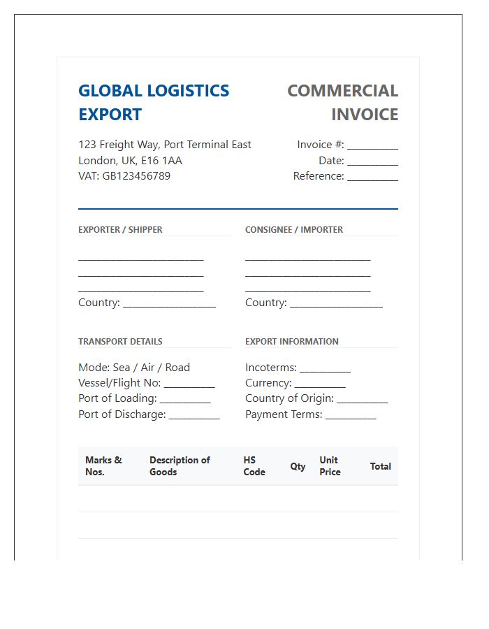Global Logistics Export Invoice Template Design