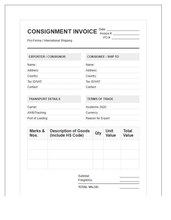 International Consignment Invoice Template System