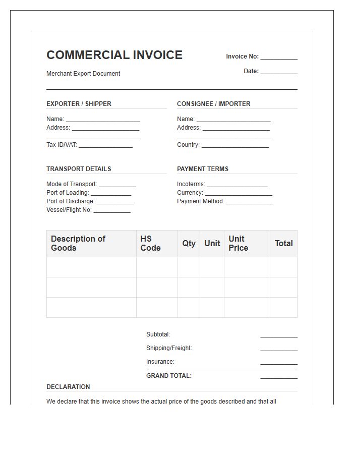 Merchant Export Documentation Invoice Template