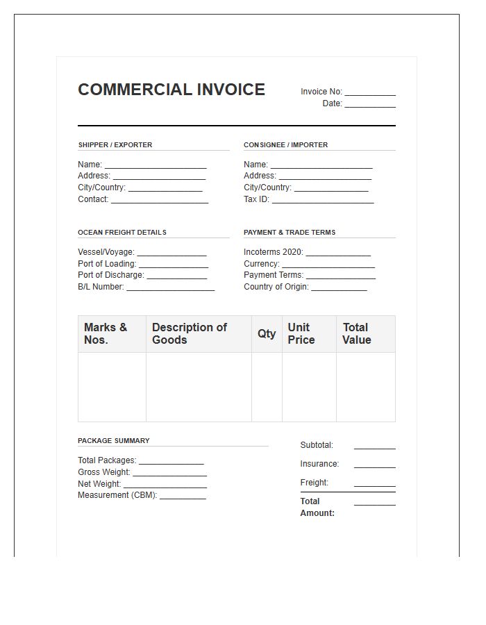 Ocean Freight Commercial Invoice Template Layout