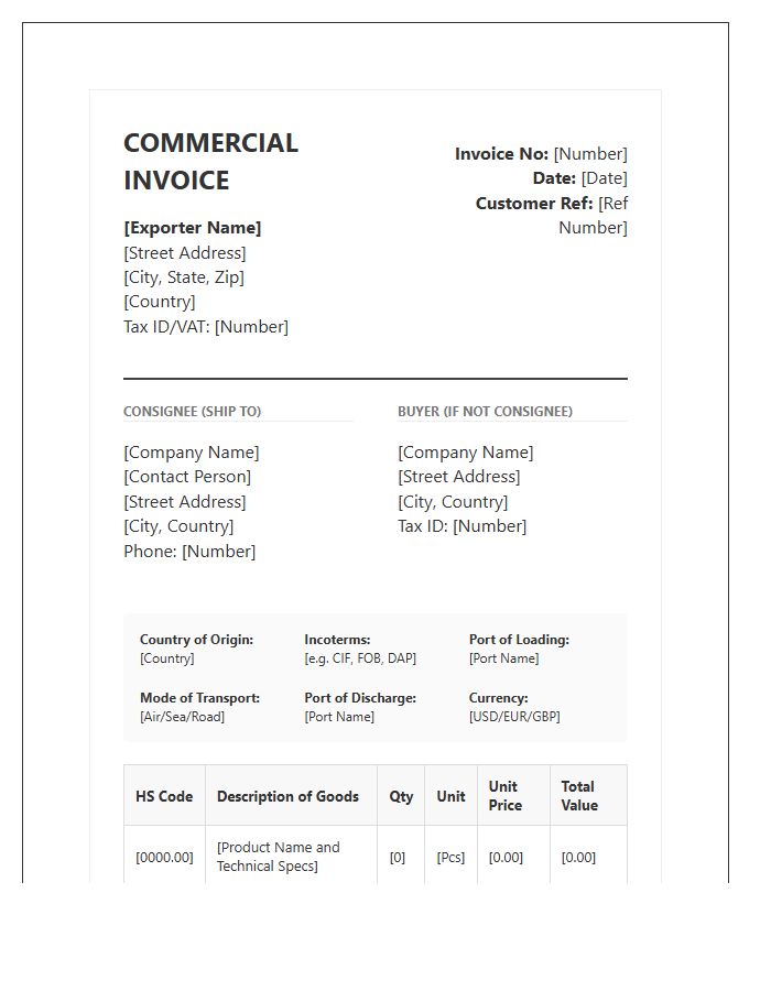 Professional Export Shipping Invoice Template