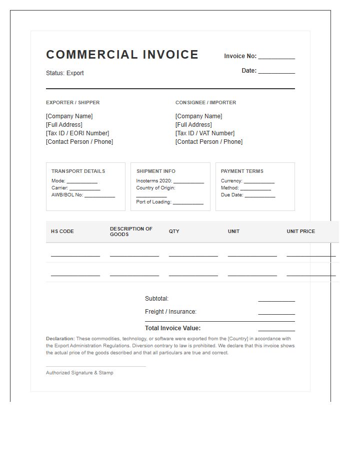 Regulatory Compliant Export Invoice Template