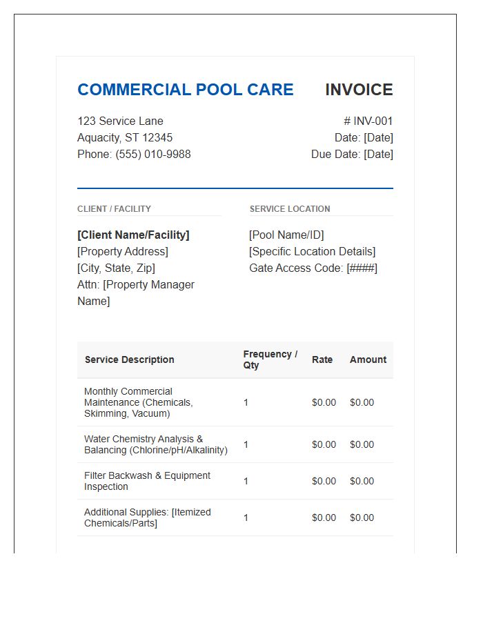 Commercial Pool Care Invoice Template