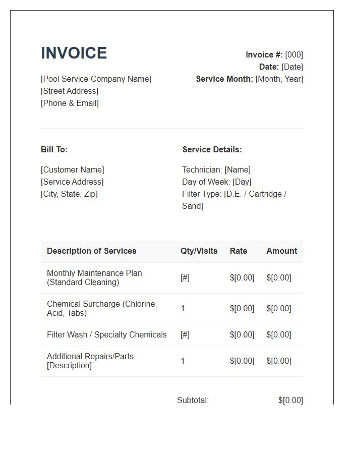Monthly Pool Service Billing Invoice Template