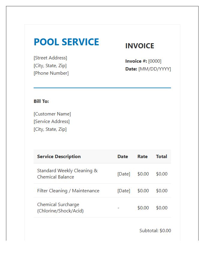 Pool Cleaning Service Invoice Template